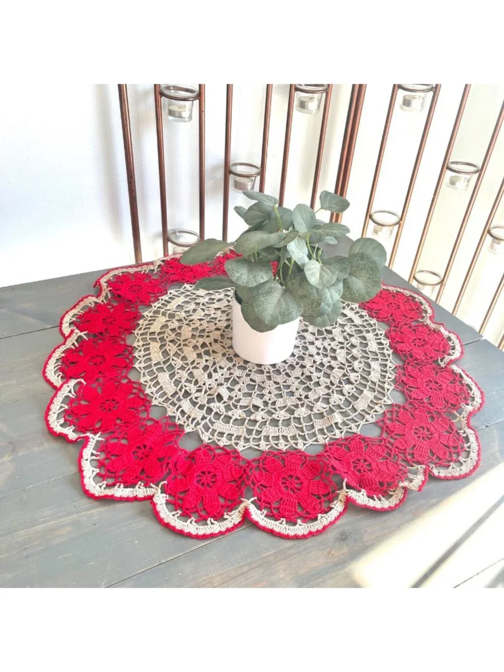 Vintage Handmade Round White and Red Cotton Crochet Lace Doily